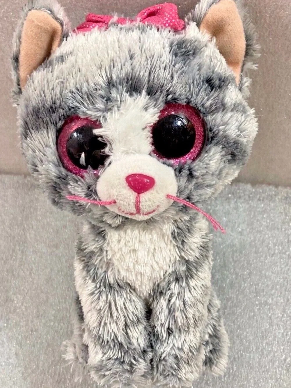 Ty Grey Plush Cat Toy with Pink Accents